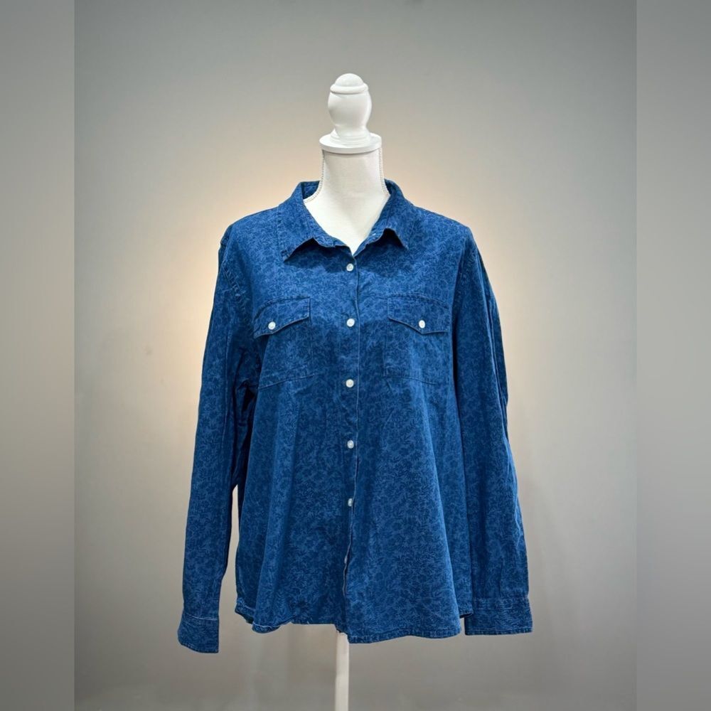 Vermont Country Store Denim Floral Chambray Button Down Size XL EUC